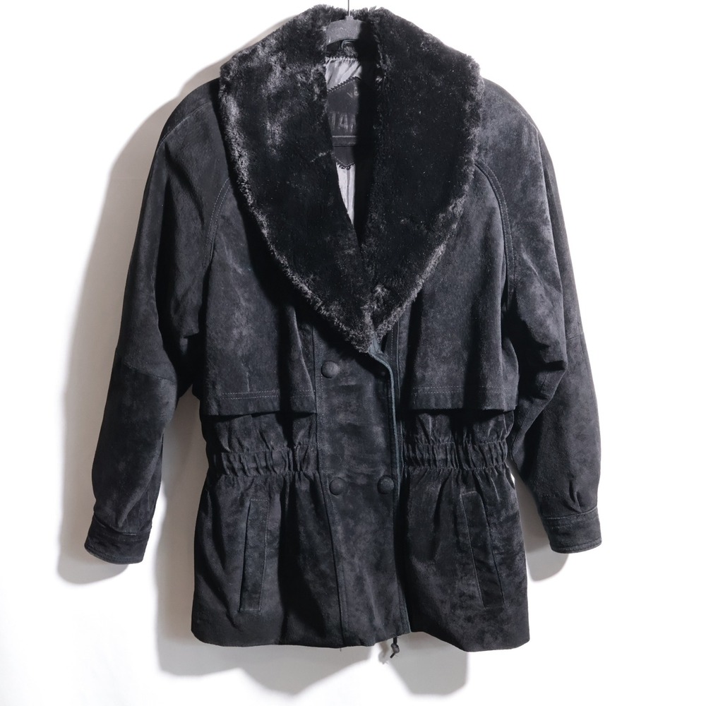 VTG Gitano Womens Black Suede Leather Faux Fur Trim Jacket Coat S Glamoratti